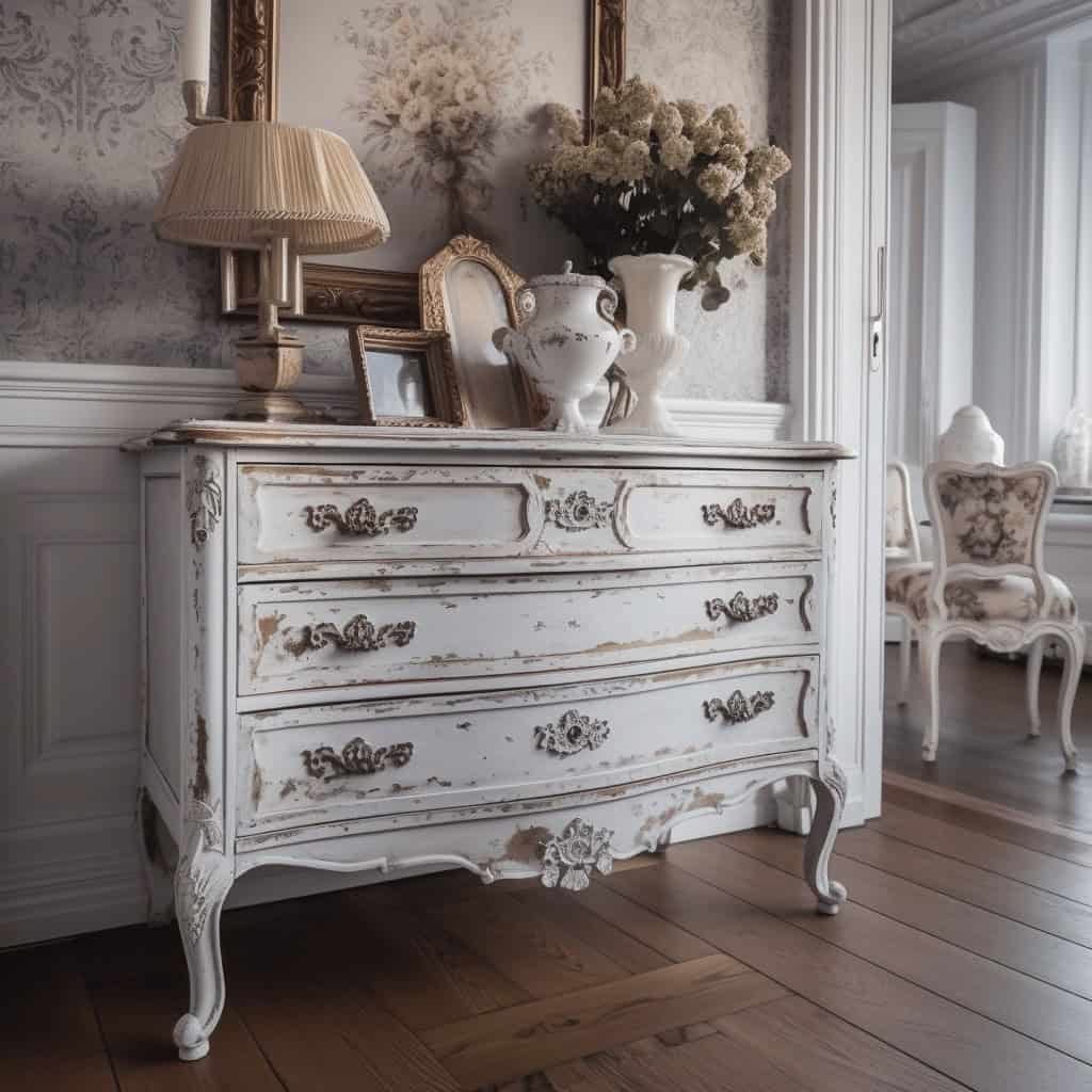 Stara stylowa komoda vintage w eleganckim wnętrzu z dodatkami w stylu shabby chic i dekoracjami kwiatowymi.