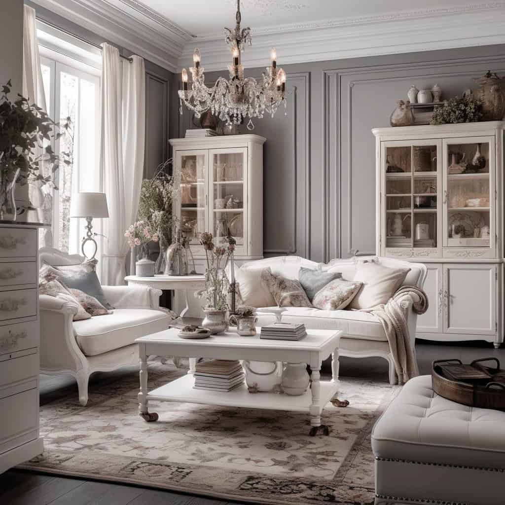 Stylowe wnętrze salonu w stylu vintage z białymi sofami, delikatnymi dekoracjami, kryształowym żyrandolem i eleganckimi meblami, idealne do aranżacji wnętrz w stylu optima i klasycznym.