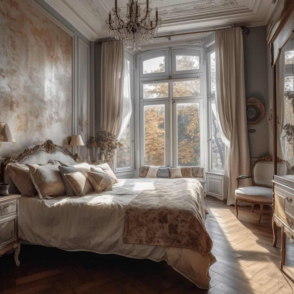 Klasyczny styl sypialni z dużym oknem i eleganckim wystrojem, luksusowa aranżacja wnętrza, komfortowe łóżko i romantyczny klimat, idealne rozwiązanie dla optymalnego wypoczynku.