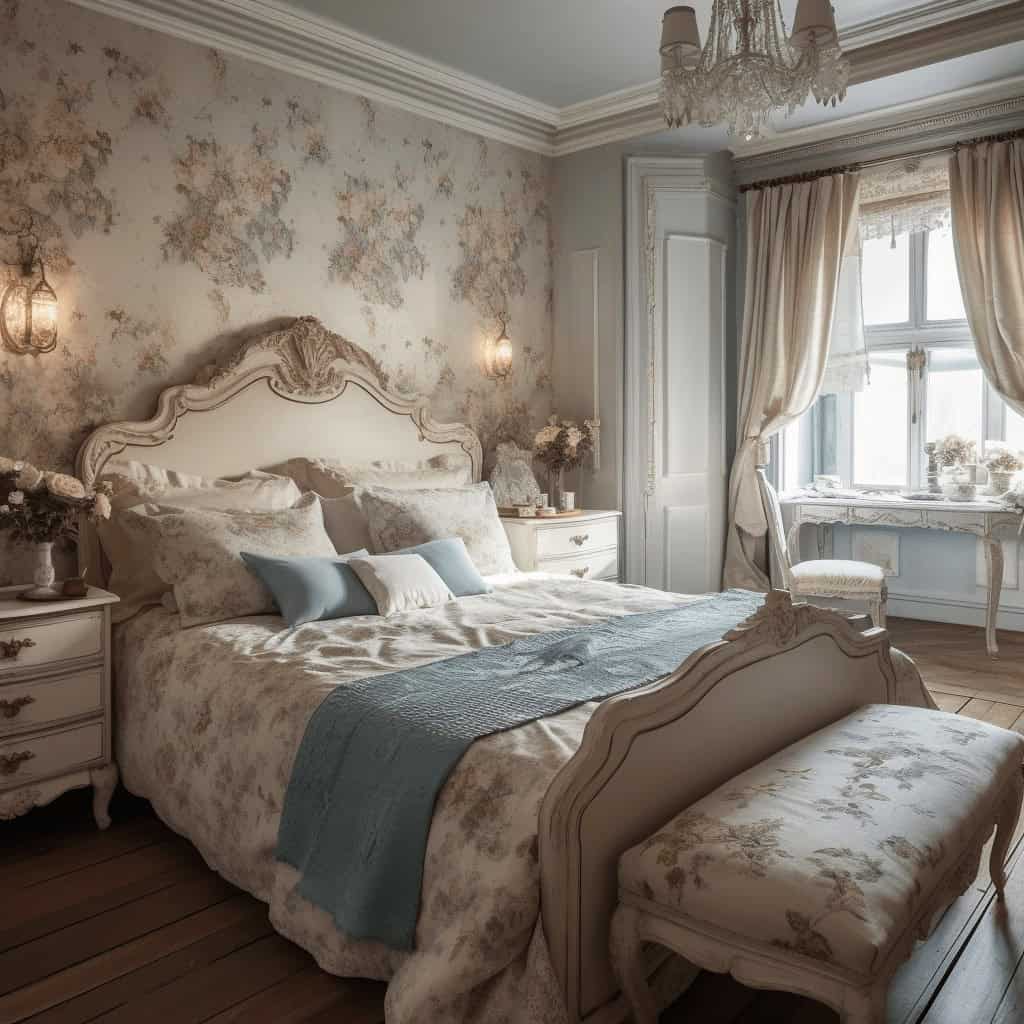 Elegancka sypialnia w stylu vintage z dużym łóżkiem i eleganckim tapicerowanym materacem, jasne kolory, rustykalne dekoracje, naturalne światło, luksusowe wykończenia, romantyczna atmosfera, idealne miejsce do relaksu i odpoczynku.
