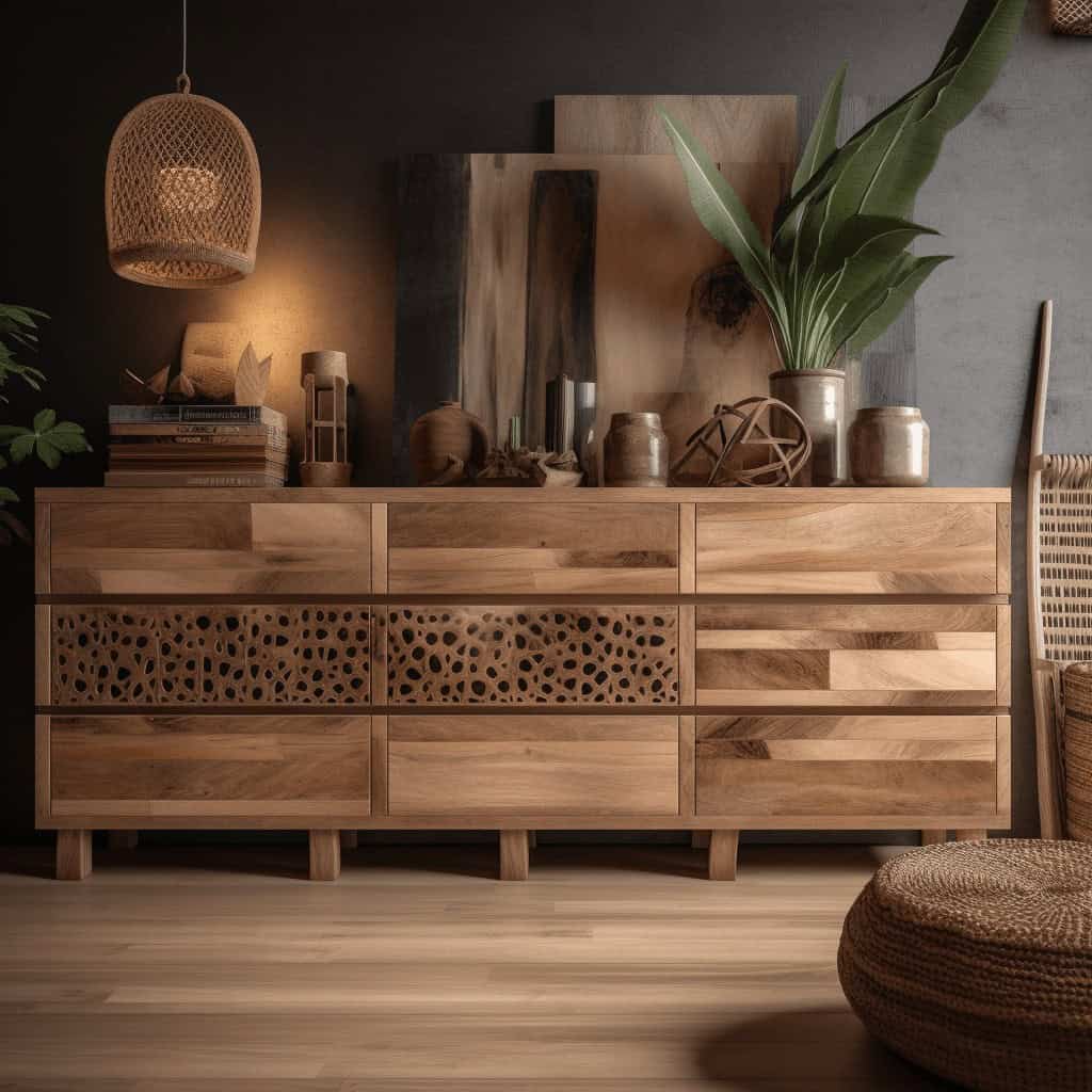 Naturalna drewniana komoda z ozdobnymi elementami, stylowe wnętrze z roślinami i dekoracjami, inspirowane minimalistycznym designem i funkcjonalnością, idealne do wnętrz w stylu skandynawskim.