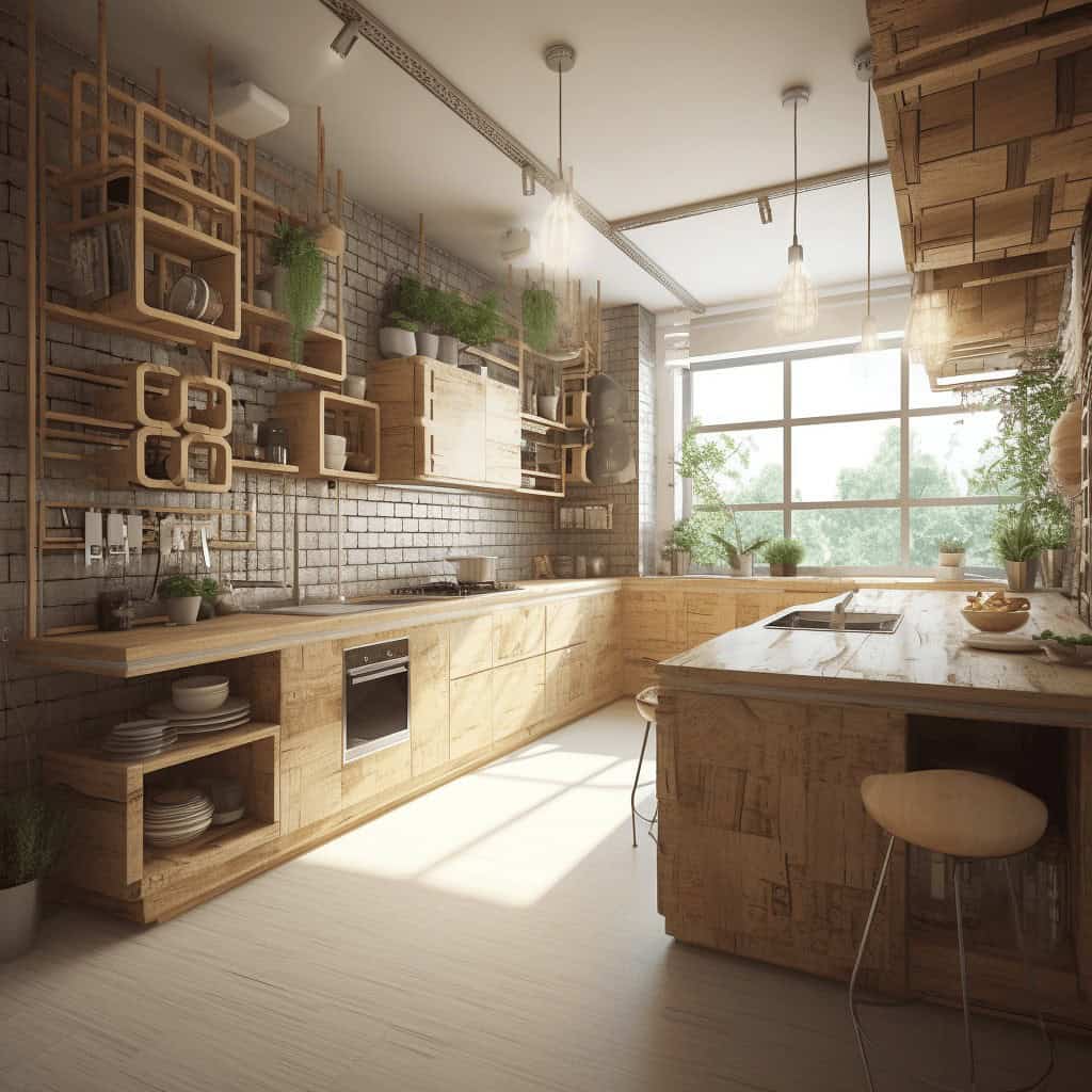 Ekologiczne wnętrze kuchni w stylu skandynawskim, drewno i cegła, naturalne światło, otwarta przestrzeń, zielone rośliny, nowoczesny design, przytulność, minimalistyczny styl, funkcjonalność, aranżacja kuchni w domu private, inspiracje kuchniowe, ekologia w kuchni.