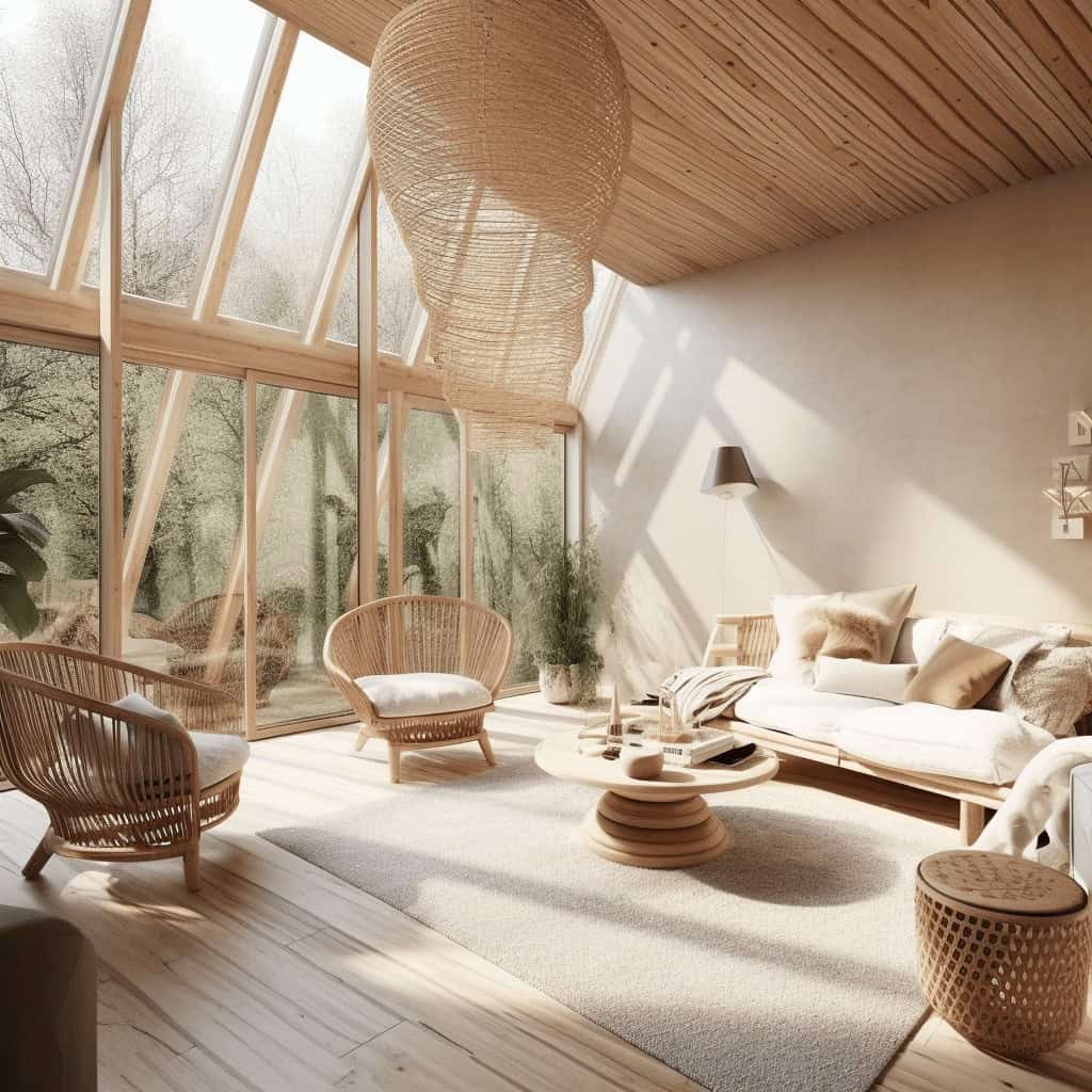 Komfortowy, przytulny salon w stylu boho z naturalnych materiałów, jasnego drewna, dużymi oknami, ciepłym oświetleniem i miękkimi poduszkami. Idealne miejsce na relaks i odpoczynek w harmonii z naturą.