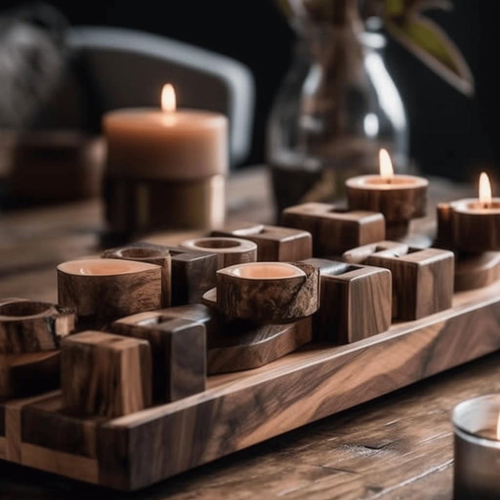 Naturalne świece zapachowe na podkładzie z drewna, relaks, stylowe dekoracje wnętrz.
