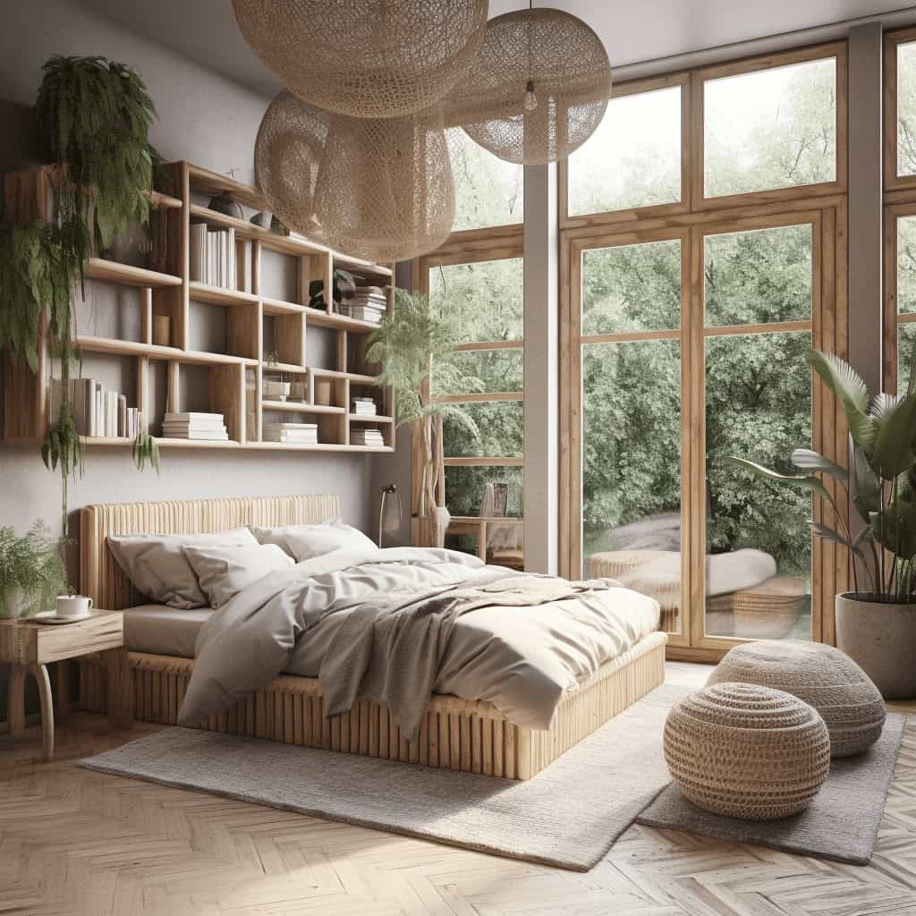 Naturalny pokój sypialny z drewnianymi elementami, duże okno z widokiem na zieleń, wnętrze w stylu skandynawskim, przytulne i minimalistyczne, aranżacja z roślinami i tekstyliami, idealny dla miłośników natury, ekologiczne wnętrze, inspiracja do optymalnej aranżacji domu.