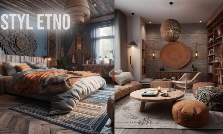 Sypialnia w stylu boho z drewnianymi elementami i dekoracjami etnicznymi, przytulnym łóżkiem, miękkimi teksturami i unikalnym oświetleniem, wnętrze z inspiracjami dla miłośników stylu etno.