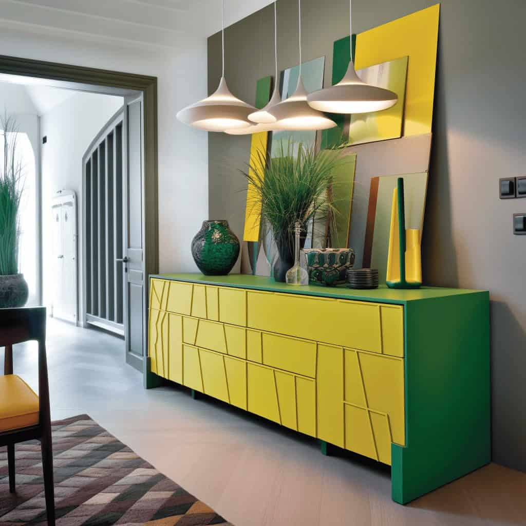 Nowe, stylowe meble w salonie z zielono-żółtą komodą i dekoracjami, współczesny wystrój wnętrz, idealny do nowoczesnych przestrzeni mieszkalnych.