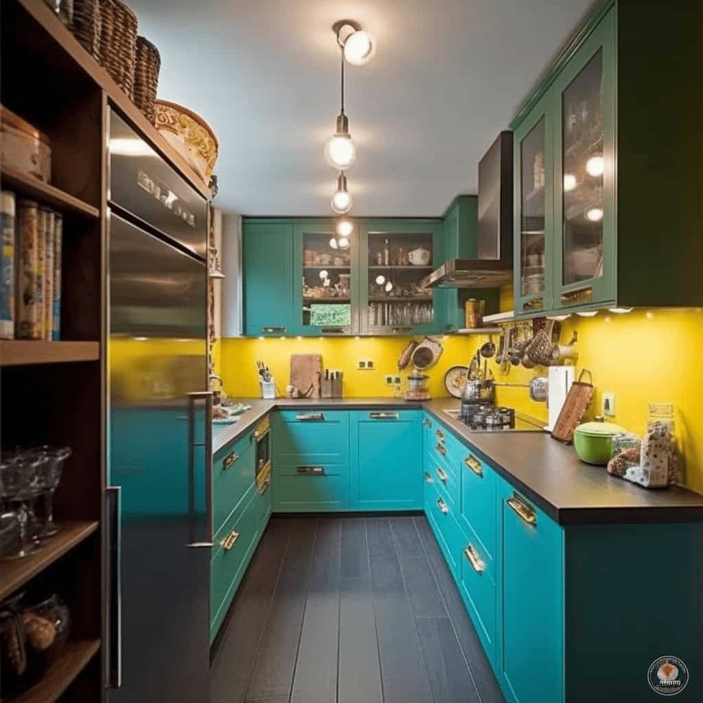 Kuchnia retro z zielonymi szafkami i żółtą backsplash, nowoczesny design, jasne oświetlenie, funkcjonalne wyposażenie, wspaniałe rozwiązania dla kuchni, inspiracje w aranżacji wnętrz kuchennych.