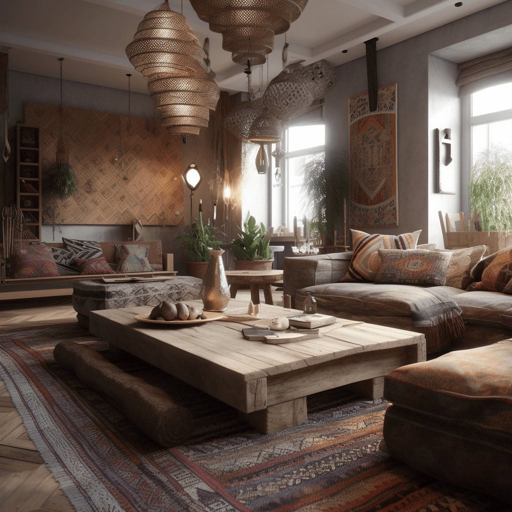 Naturalny, przytulny salon w stylu boho z dużymi roślinami, unikalnymi lampami i drewnianymi elementami. Komfortowe kanapy, stylowe poduszki i rustykalne dekoracje tworzą relaksującą atmosferę.