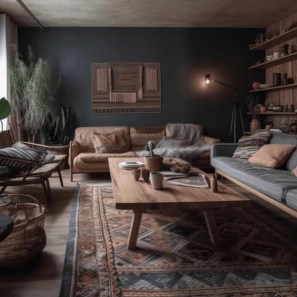 Przytulny salon z naturalnym wystrojem, wygodnymi sofami, drewnianym stolikiem, roślinami i stylowymi dodatkami, tworzący harmonijną przestrzeń mieszkalną.