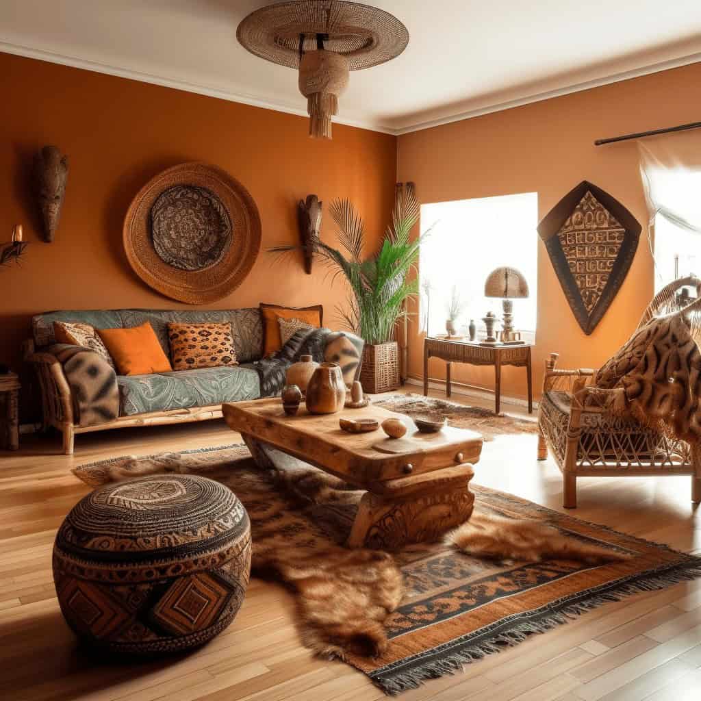 Zdjcie wnętrza salonu w stylu boho z drewnianymi meblami i ciepłą aranżacją, idealna do stylizacji z elementami naturalnymi i etnicznymi, odpowiednia do wpisania się w trendy wnętrzarskie.