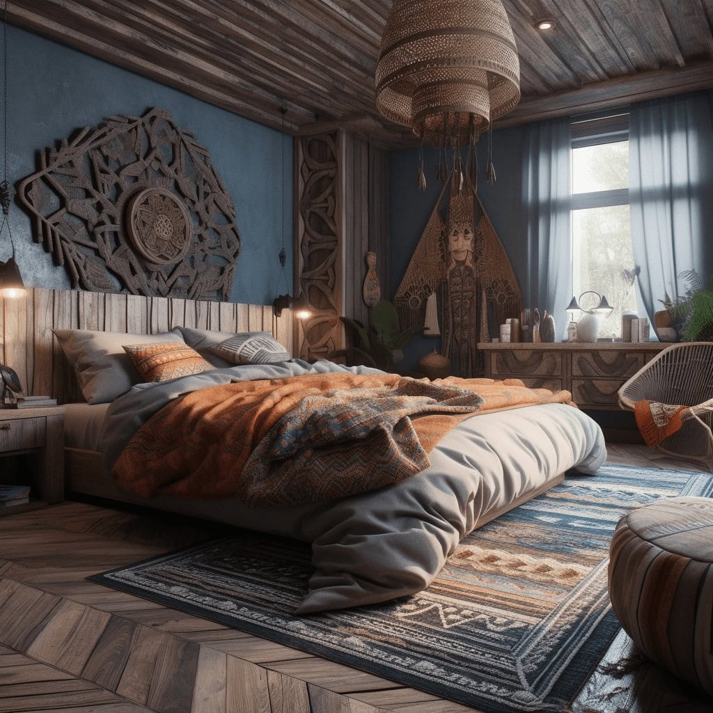 Wystrój sypialni w stylu boho z drewnianymi elementami i etnicznymi dekoracjami, przytulne łóżko z pościelą i lampami, naturalne światło, inspirujące wnętrze do relaksu i odpoczynku.