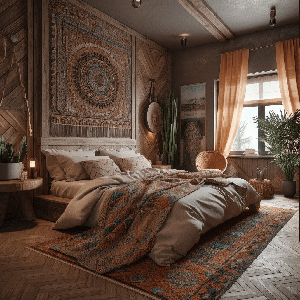 Przytulna sypialnia z boho dekoracjami, drewnianymi elementami i ciepłym światłem, idealna do relaksu i odpoczynku. Wnętrze z naturalnymi tkaninami, roślinami i inspirującym designem, wpisujące się w trendy optima.
