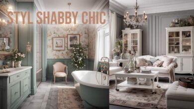 Styl shabby chic w eleganckim, vintage wnętrzu z pastelowymi kolorami, dekoracjami i kwiatami, idealny dla miłośników klasycznego, rustykalnego stylu w domu lub łazience.