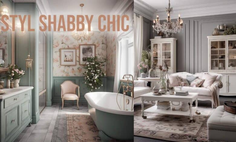 Styl shabby chic w eleganckim, vintage wnętrzu z pastelowymi kolorami, dekoracjami i kwiatami, idealny dla miłośników klasycznego, rustykalnego stylu w domu lub łazience.