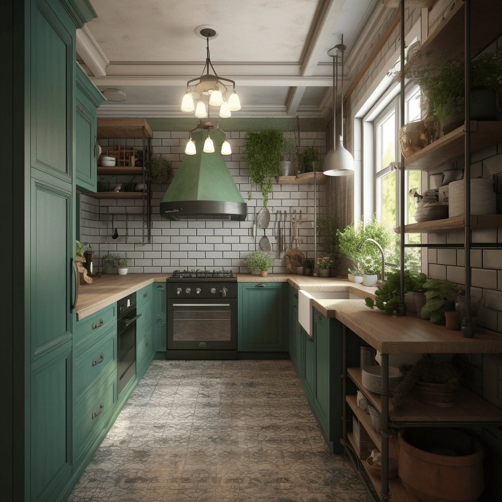 Nowoczesna kuchnia z zielonymi szafkami i drewnianymi blatach, styl skandynawski, rośliny i naturalne światło, elegancka i funkcjonalna przestrzeń do gotowania i spędzania czasu.