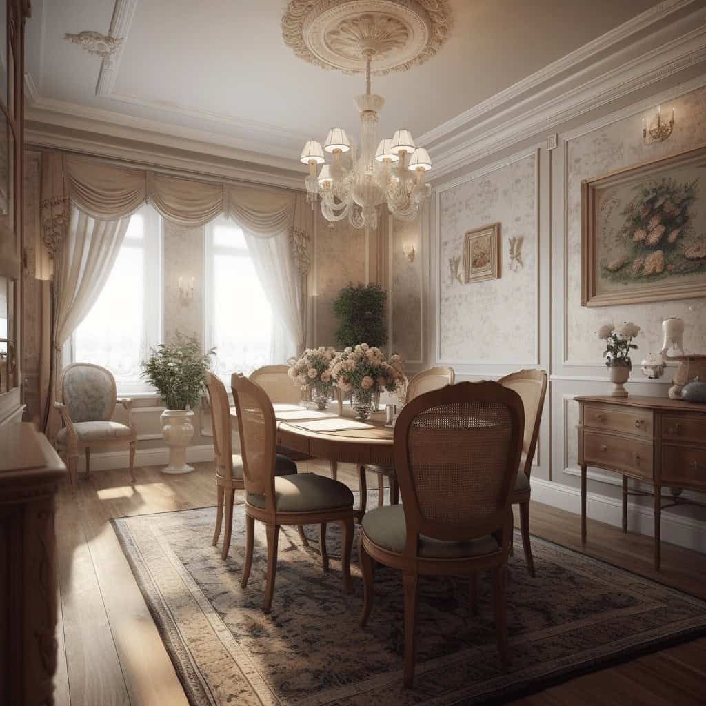 Elegancki elegancki jadalnia w klasycznym stylu z drewnianym stołem i tapicerowanymi krzesłami, pięknym żyrandolem, minimalistycznymi dekoracjami, naturalnym światłem, idealna do spotkań rodzinnych i formalnych.