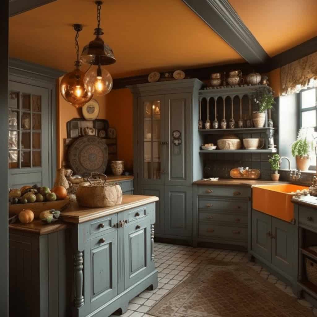 Rustykalna kuchnia w stylu vintage, zielone meble, dekoracyjne naczynia, rośliny i naturalne akcenty, ciepła atmosfera, idealna dla miłośników tradycyjnego designu.