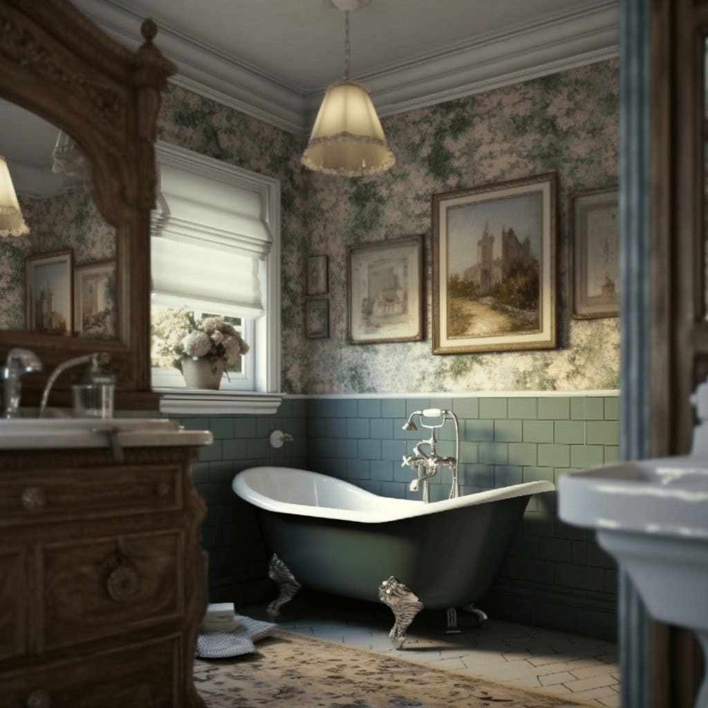 Lustra w stylu vintage nad elegancką wanną z ozdobnymi nóżkami, rustykalny wystrój łazienki z drewnianą szafką, kwiatami i klasycznymi obrazami, harmonijne połączenie stylu retro i nowoczesności.
