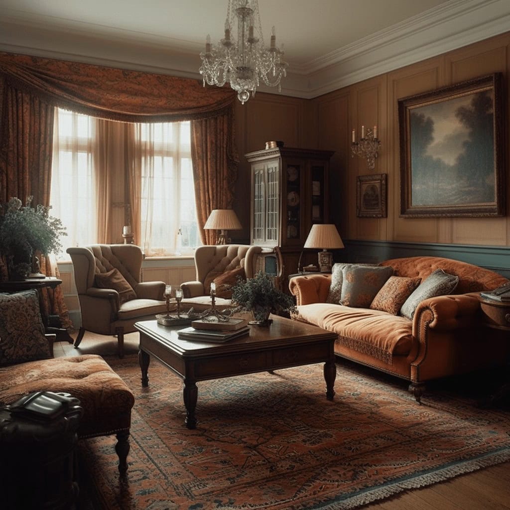 Przytulny salon w stylu klasycznym z meblami tapicerowanymi, elegancką aranżacją i dużym oknem z zasłonami, idealne miejsce relaksu i spotkań, ozdobne lampy i obraz na ścianie.