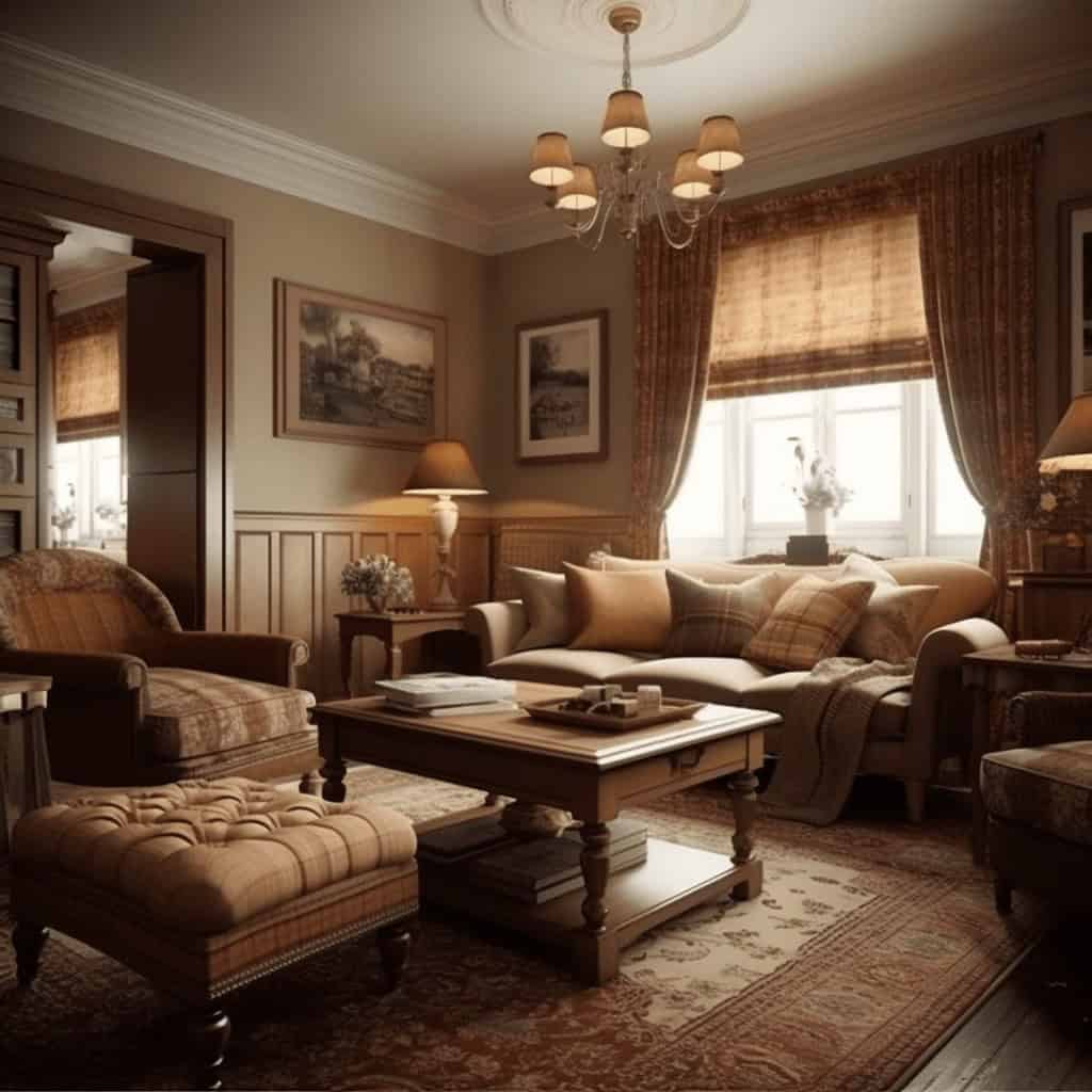 Przytulny salon w klasycznym stylu z eleganckim wystrojem, miękkimi kanapami, lampami i stylowymi obrazami, idealny do relaksu i spędzania czasu z rodziną.