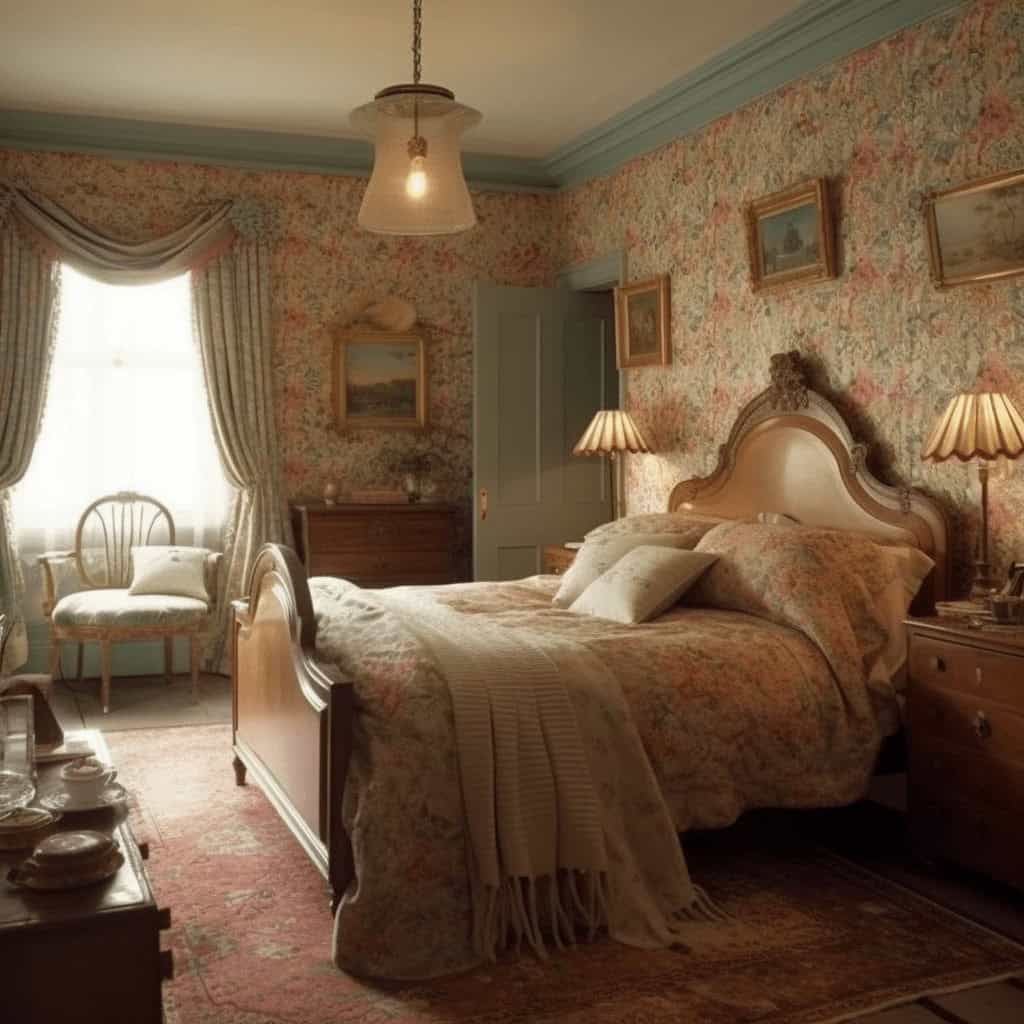 Sypialnia w stylu vintage z tapetą kwiatową, eleganckie meble i dekoracje, romantyczny klimat, oświetlenie lampami nocnymi, idealne miejsce dla osób ceniących klasykę i komfort w domu, wpisujące się w koncepcję optymalizacji wnętrz.