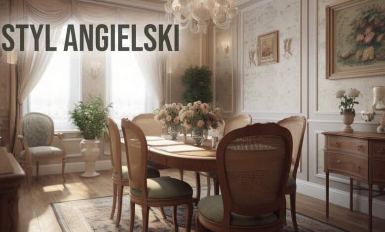 Elegancki angielski salon w klasycznym stylu z pięknymi kwiatami na stole, żyrandolem, zasłonami i rustykalnym meblami. Idealne miejsce do spotkań i relaksu w klimacie angielskiej tradycji.