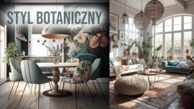 Nowoczesny styl botaniczny w wnętrzu, jadalnia z zielonymi krzesłami i kwiatowym akcentem w tle.