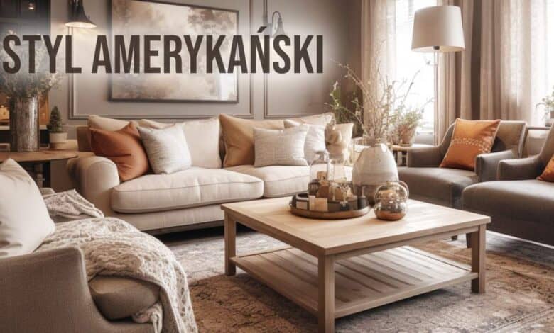 Komfortowy-salon-w-stylu-amerykańskim-z-miękkimi-kanapami-i-dodatkami-w-naszym-stylu, otoczony naturalnym światłem, elegancki i przytulny wystrój w stylu amerykańskim.