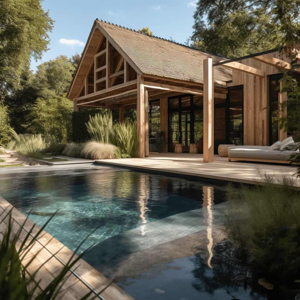 Nowoczesny dom z drewna z basenem na tarasie, otoczony zielenią, idealny do wypoczynku na świeżym powietrzu, luksusowa aranżacja i ekologiczne materiały, projekty domów drewnianych, natury i komfortu.