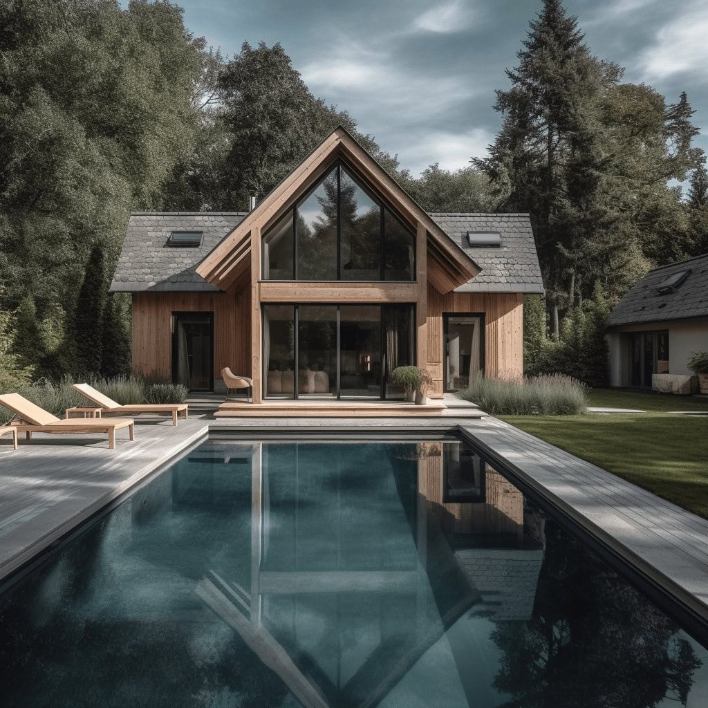 Nowoczesny dom z drewnianą elewacją i dużymi oknami, otoczony zielenią, z basenem i tarasem, idealny dla osób ceniących luksus i komfort życia w otoczeniu natury.