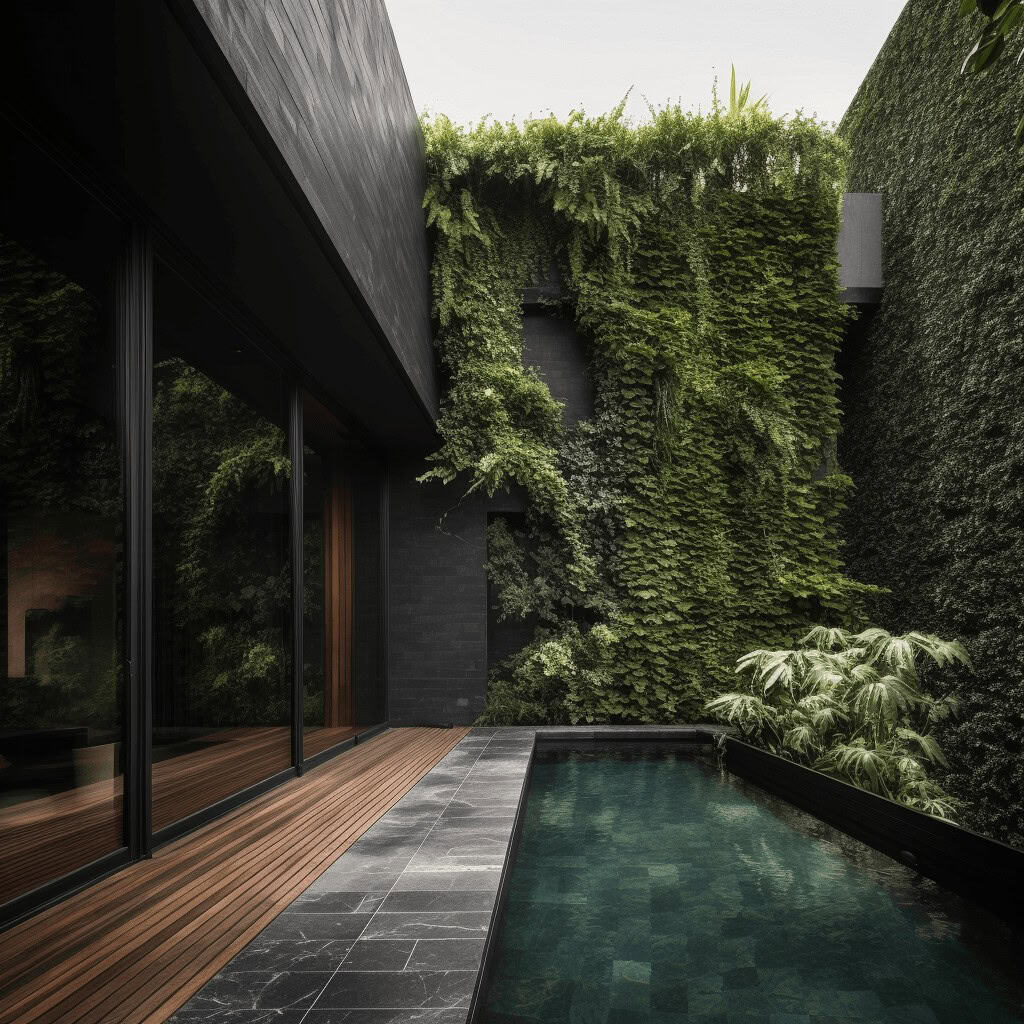 Nowoczesny zielony przydomowy ogród z basenem i ścianami pokrytymi roślinami, minimalistyczny design, luksusowe aranżacje, ekologia, relaks i komfort.