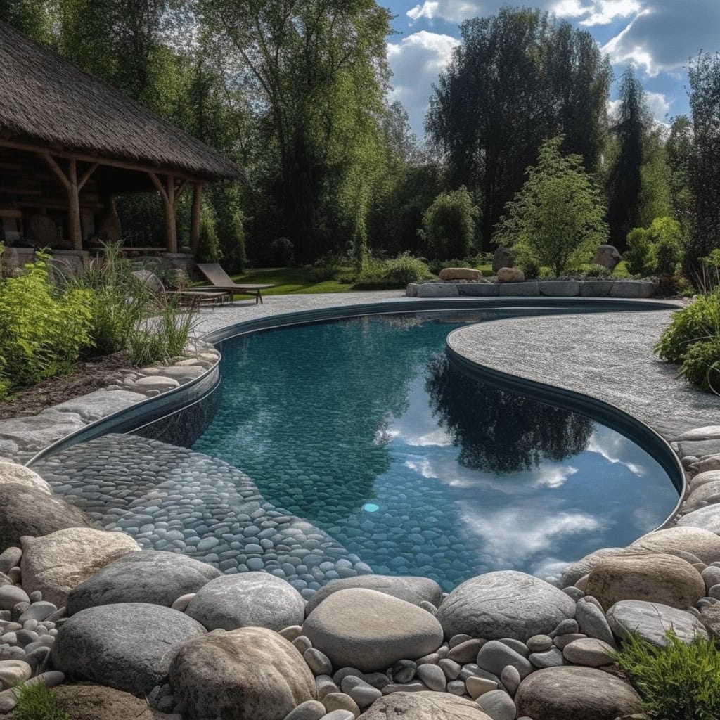 Naturalny basen ogrodowy z kamiennymi obrzeżami i otoczeniem zieleni, idealne miejsce na relaks i wypoczynek wśród przyrody. Nowoczesne rozwiązania dla designu i funkcjonalności ogrodów.