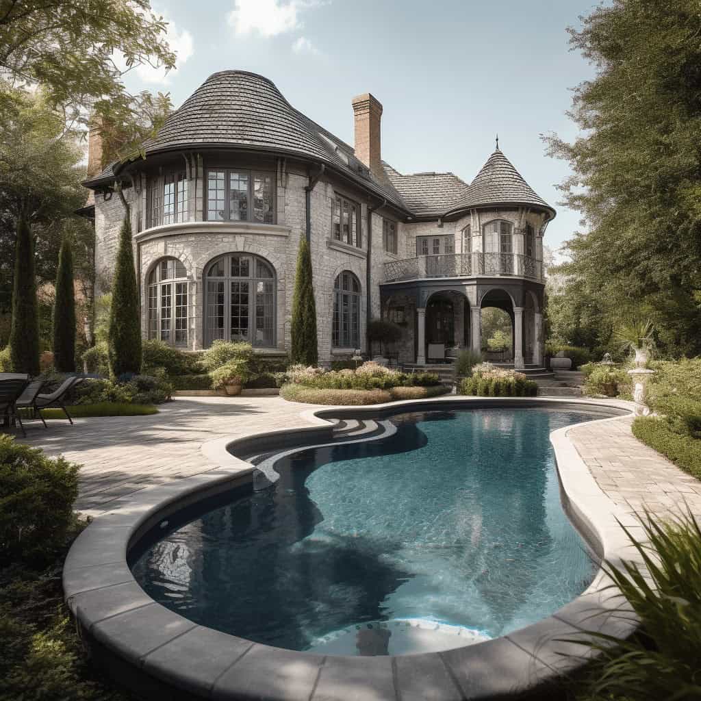 Stworzony z myślą o luksusowym życiu rezydencja z basenem, zabytkowa kamienica, elegancka architektura, prywatny ogród, rekreacja i relaks, nieruchomości premium, ogrody, patio, naturalna architektura.