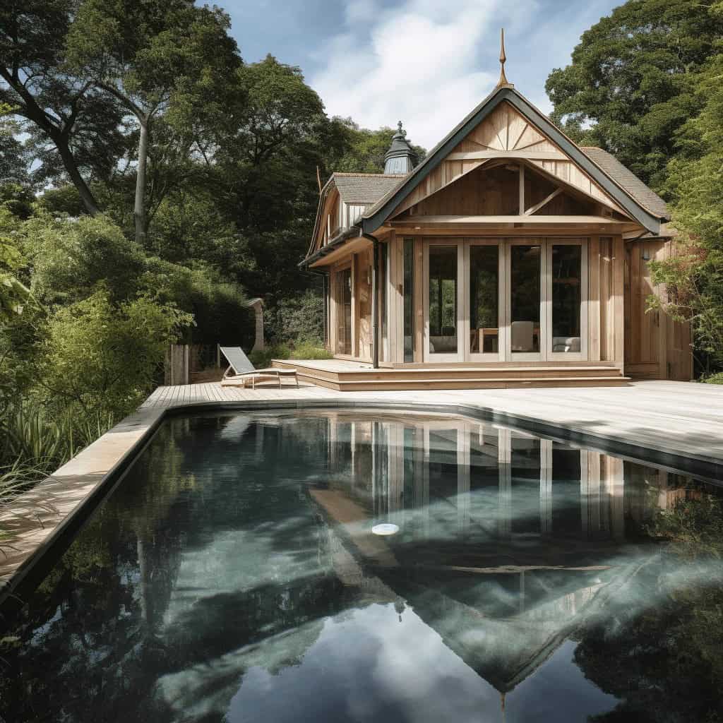 Nowa ekologiczna chatka w naturze z dużymi oknami i basenem, idealna na relaks i wypoczynek na łonie przyrody, funkcjonalna i stylowa z drewna, oferuje komfortowy pobyt na świeżym powietrzu.