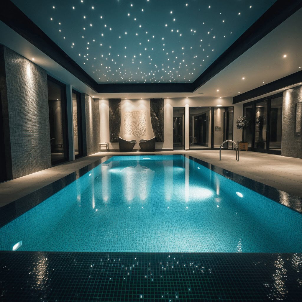 Komfortowe spa z podświetlanym basenem i relaksującymi roślinami w luksusowym hotelu optymalnym dla zdrowia i relaksu opisywanie relaksu w spa dla optymalnej regeneracji i odpoczynku i wellness salon z basenem i aromaterapią w eleganckim wnętrzu.