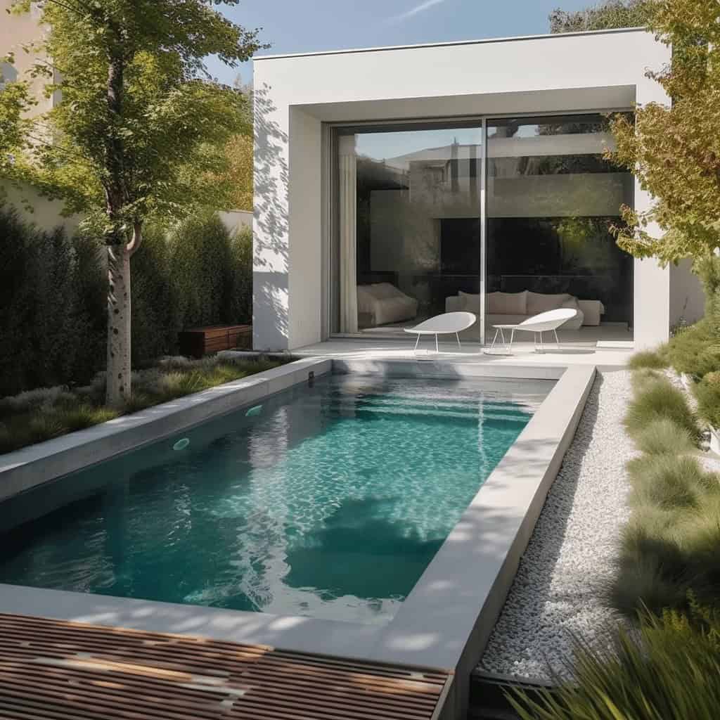 Elegancki basen przy nowoczesnym domu, otoczenie zielonych roślin, idealny do relaksu i wypoczynku na świeżym powietrzu.