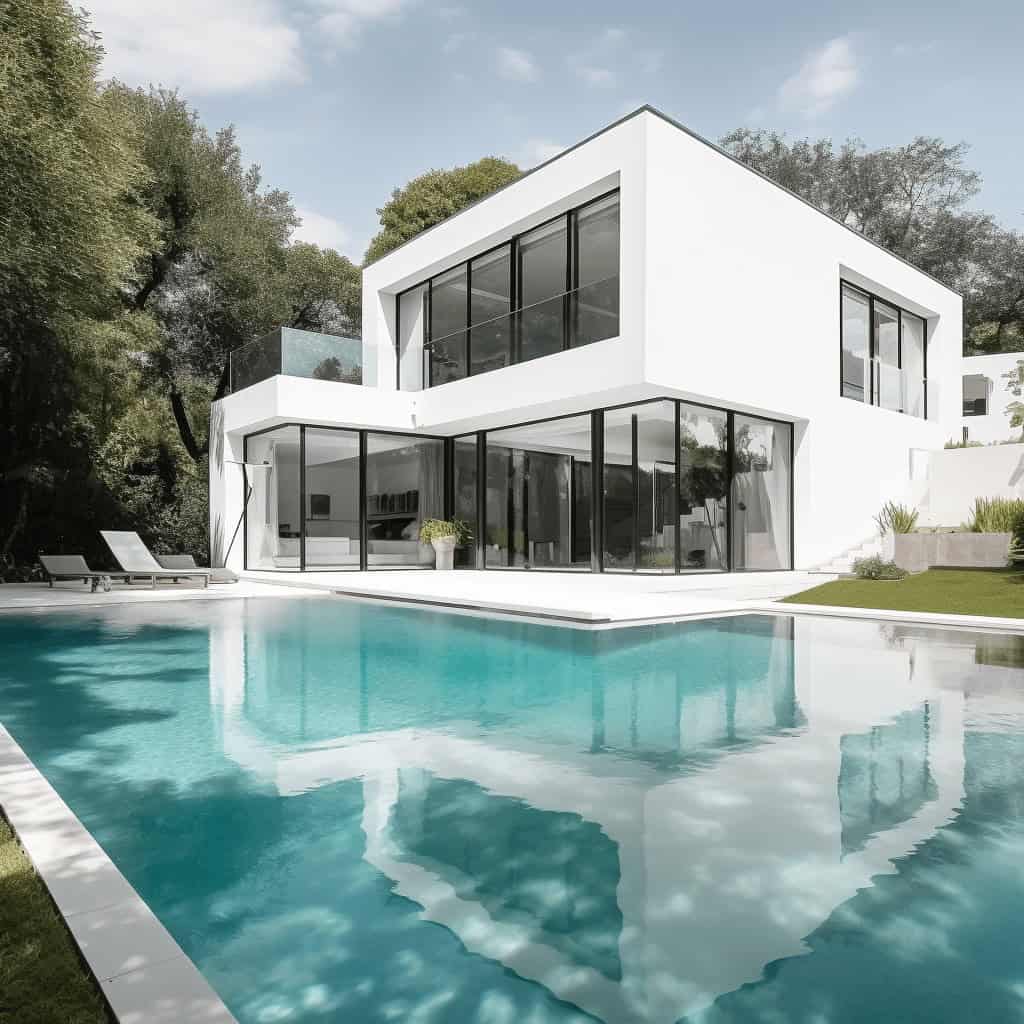 Nowoczesny dom z dużymi oknami i basenem w eleganckim, minimalistycznym stylu. Idealne rozwiązanie dla miłośników luksusu, architektury i relaksu na świeżym powietrzu.