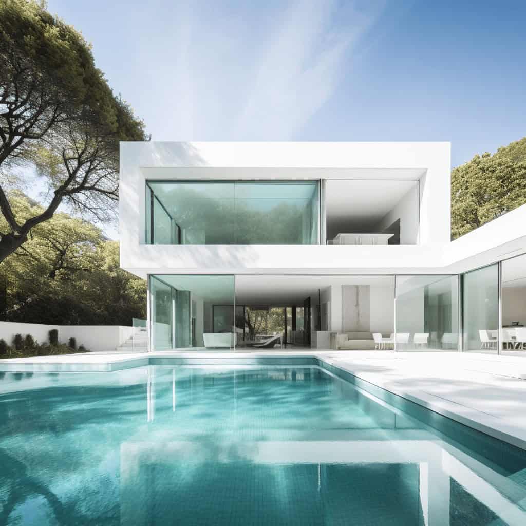 Nowoczesny dom z basenem i dużymi przeszkleniami, idealny do relaksu i wypoczynku na świeżym powietrzu, z minimalistycznym designem i panoramicznymi widokami natury.