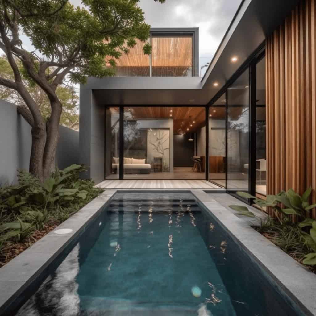 Nowoczesny dom z basenem, duże okna i minimalistyczny design, otoczenie zieleni, komfortowa przestrzeń do wypoczynku, eleganckie wnętrza, inspirujące projekty architektoniczne, luksusowe wykończenia, optymalne rozwiązania dla domu marzeń.