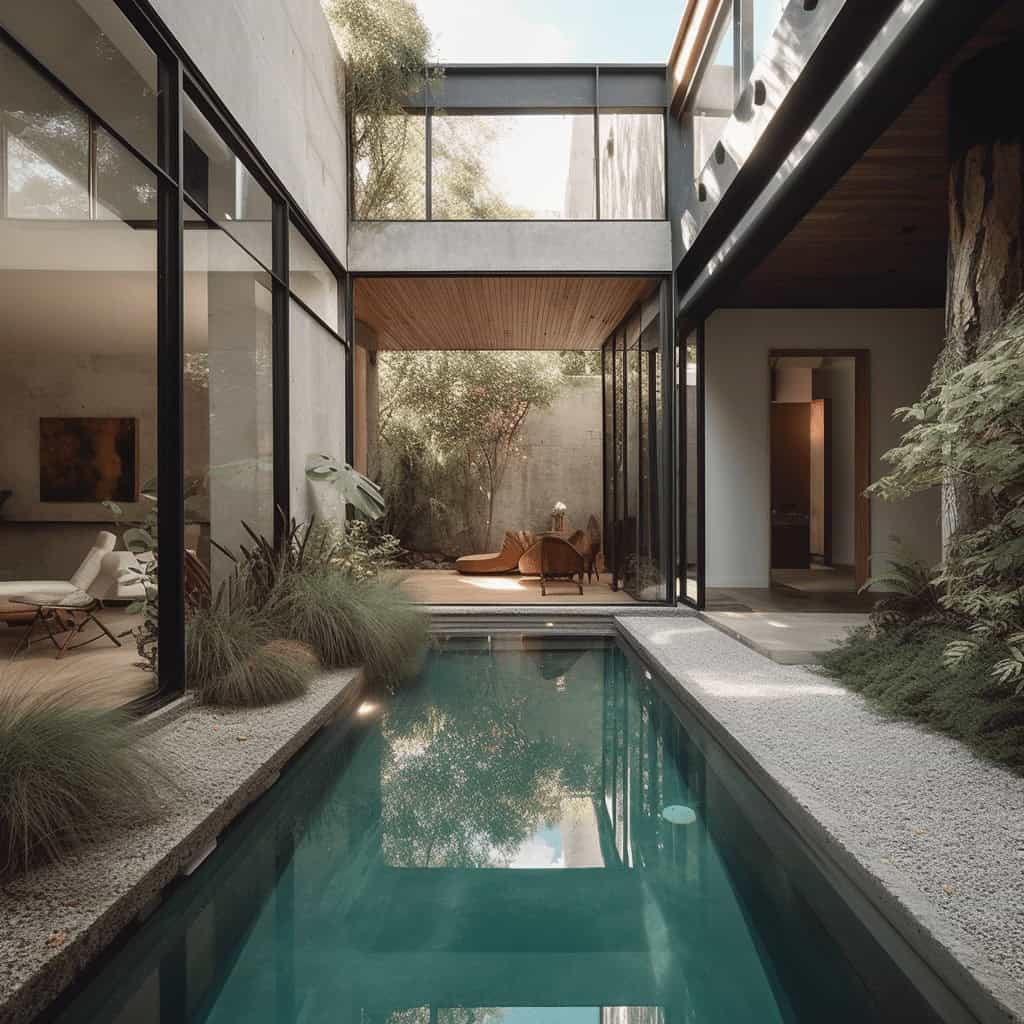 Nowoczesny dom z basenem, minimalistyczny design, wnętrze z dużymi oknami, zimny klimat, zielone rośliny, architektura skandynawska, naturalne materiały, przestrzeń wewnętrzna i zewnętrzna, luksusowy styl, relaks w ogrodzie.