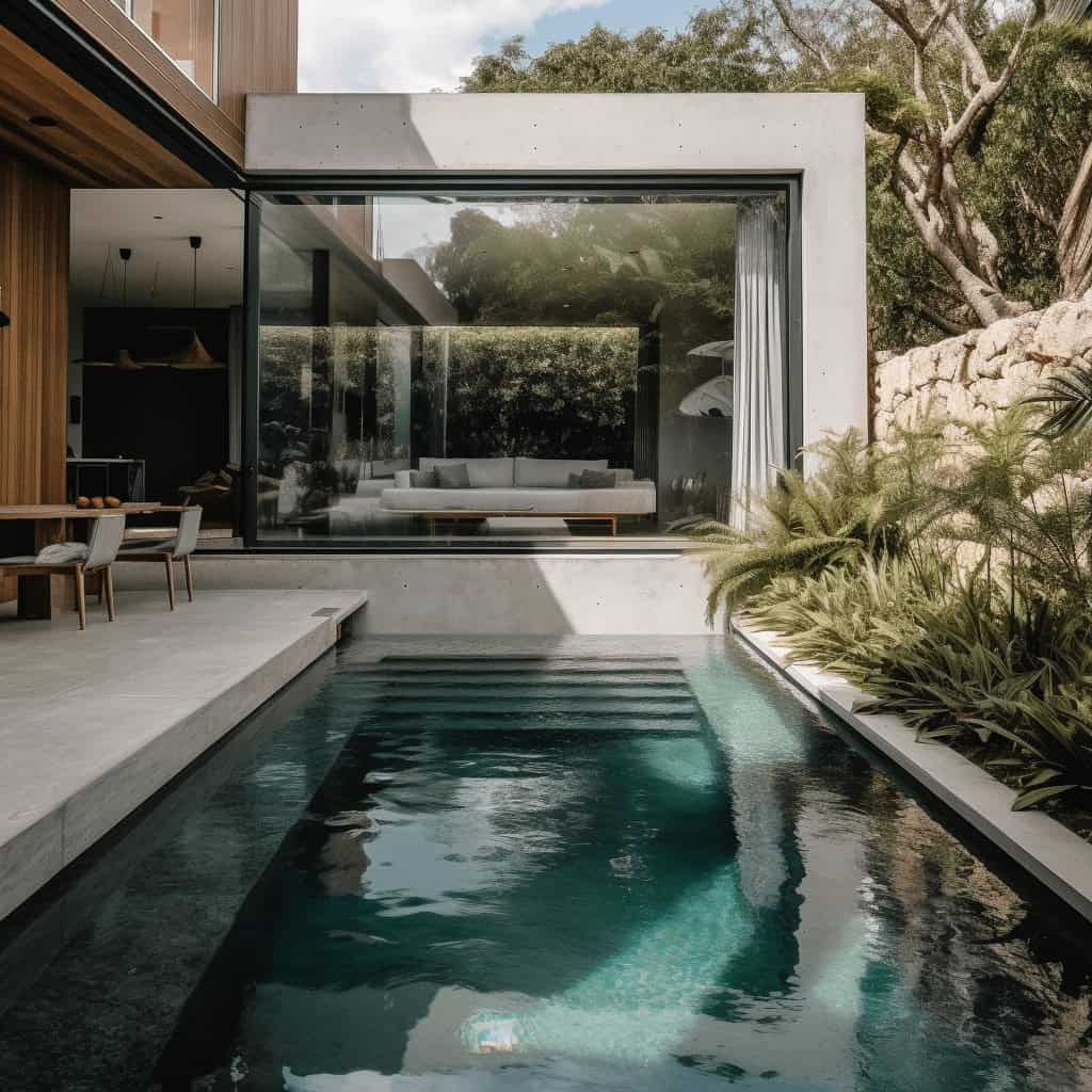 Nowoczesny dom z dużym oknem i basenem, otoczony zielenią, minimalistyczny design, idealny dla osób ceniących luksus i komfort, wysokiej jakości architektura, inspiracja dla nowoczesnych wnętrz.