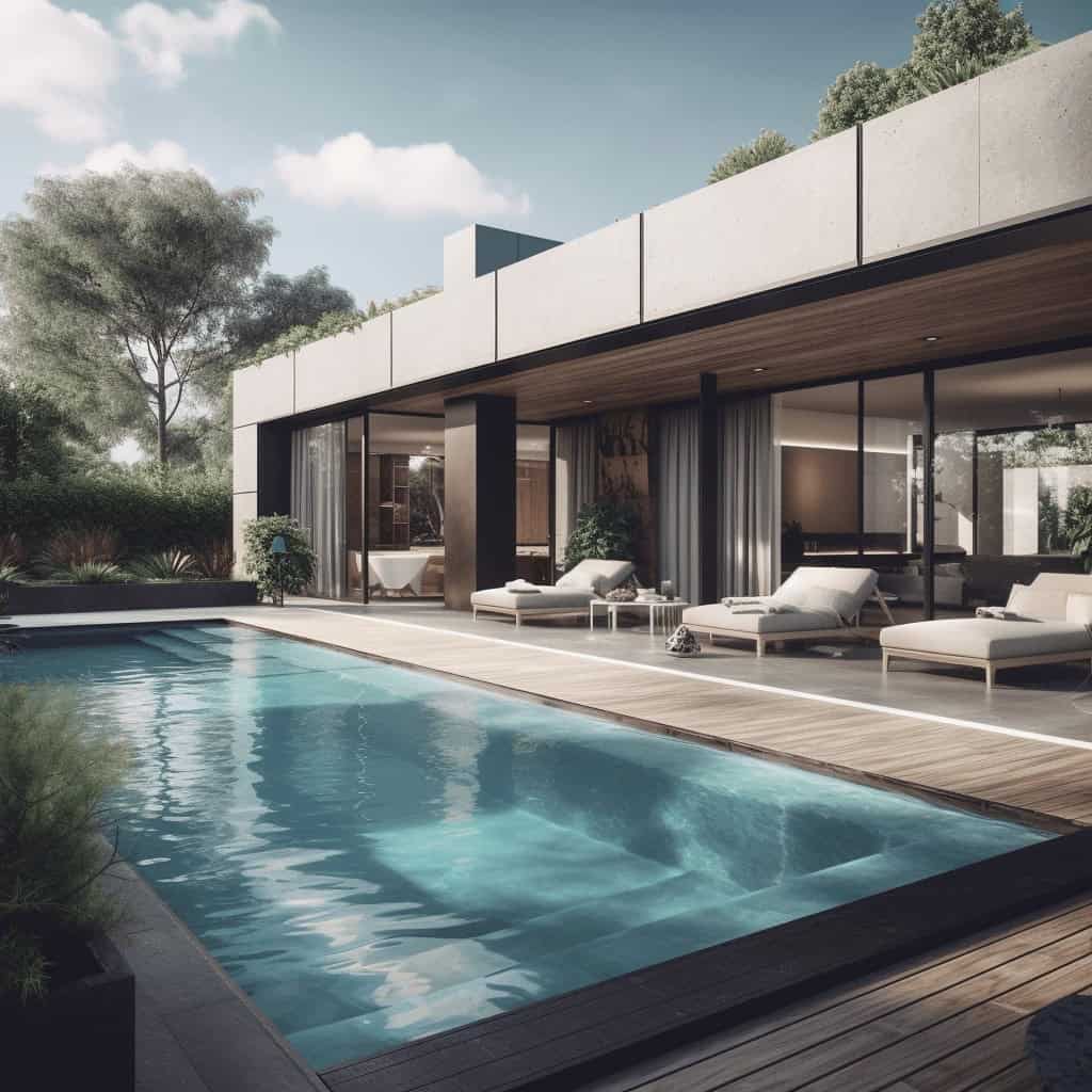 Nowoczesny dom z basenem i tarasem, elegancki design, otoczony zielenią, idealny do relaksu i wypoczynku w naturalnym otoczeniu.