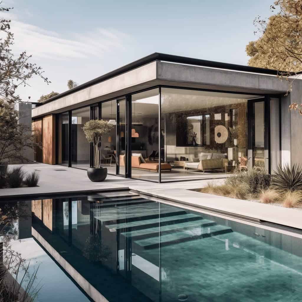 Nowoczesny dom z dużymi przeszkleniami i basenem, harmonijnie wpisany w naturalny krajobraz, zapewniający luksusowe i energooszczędne rozwiązania dla wymagających klientów optima.