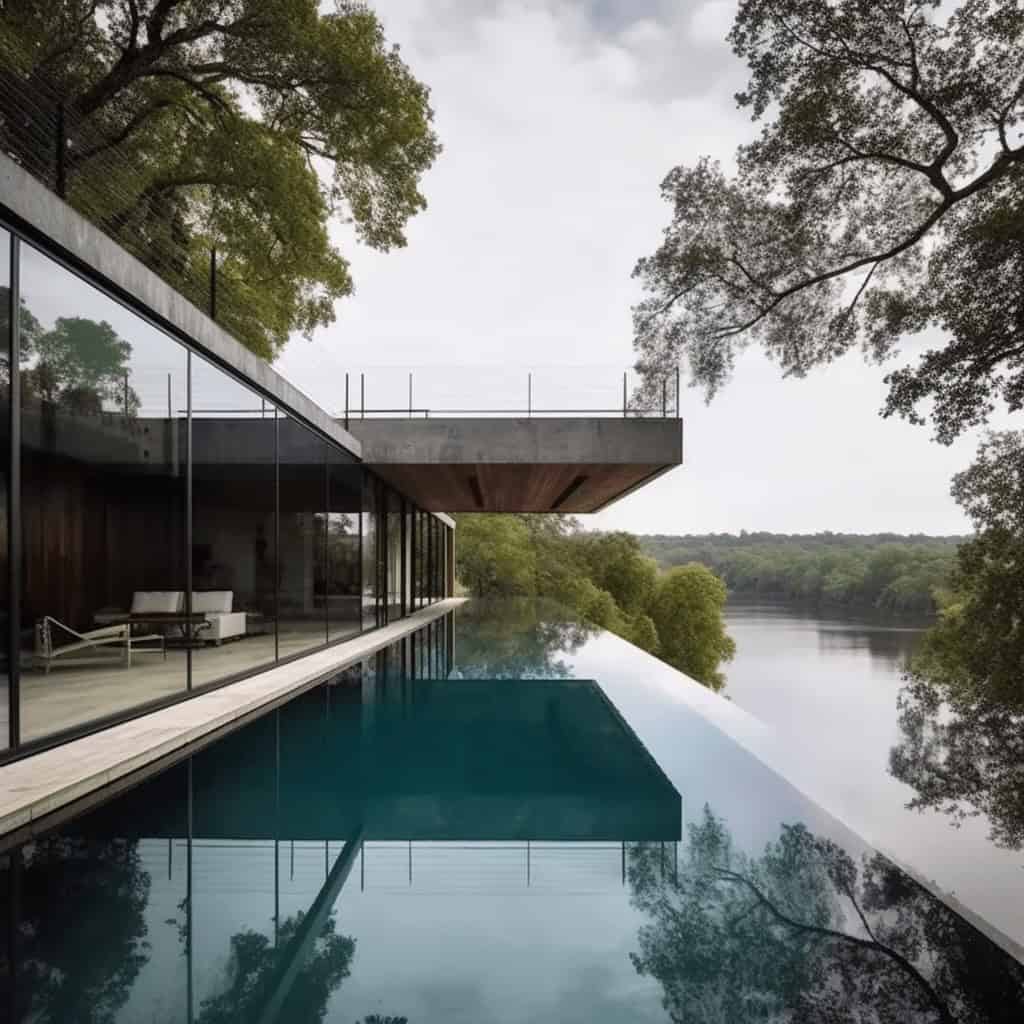 Nowe luksusowe domy z widokiem na rzekę, nowoczesna architektura, panoramiczne okna, otoczenie natury, relaks i komfort, idealne miejsce na odpoczynek wśród zieleni, unikalny styl wnętrz.