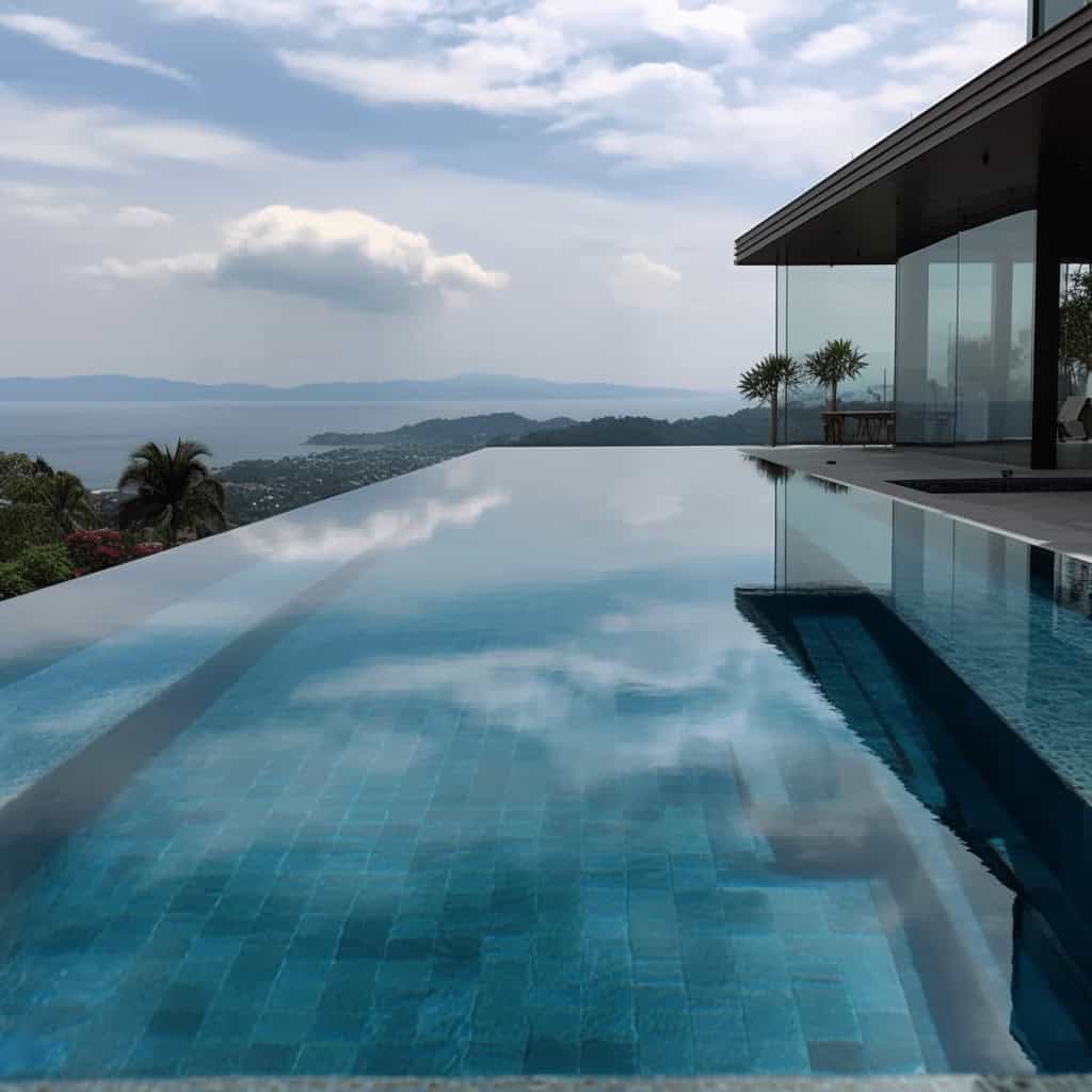 Relaxing infinity pool with panoramic view of mountains and sea, modern architecture, luxury outdoor space, perfect for relaxation and leisure.