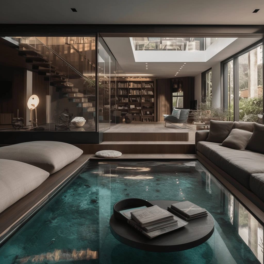 Nowa, nowoczesna przestrzeń salonu z widokiem na basen i biblioteka, elegancki design, drewno, duże okna, relaks i komfort w stylu minimalistycznym.