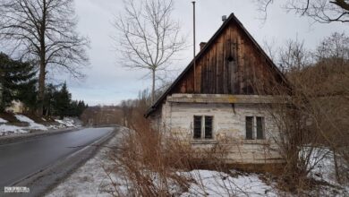 Stara wiejska chata drewniana na odludziu zimową porą, otoczona drzewami i krzewami, przy bocznej drodze asfaltowej, krajowa wiejska architektura, rustykalny dom na wsi, zimowy krajobraz, staroświecka elewacja, otoczenie natury, odrestaurowana konstrukcja, tradycyjny dom wiejski, spokojna wiejska sceneria, PaniDyrektor.pl, architektura i historia.