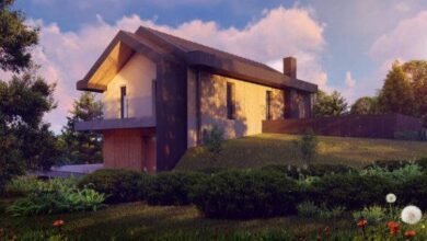 Nowa ekologiczna willa na zielonej działce, nowoczesny dom energooszczędny z drewnianymi elementami, idealny do życia w zgodzie z naturą.