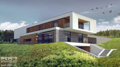 Nowoczesny dom energooszczędny z dużymi przeszkleniami i elegancką architekturą na zielonym tle, idealny dla optymalnych rozwiązań budowlanych.